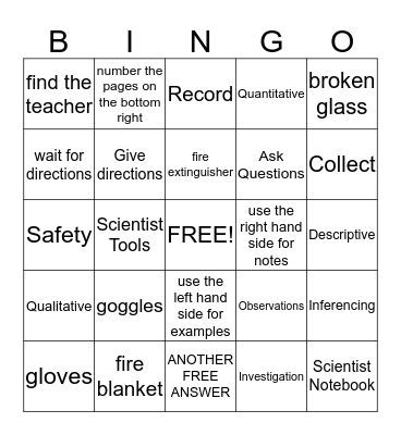 Journals and Safety Bingo Card