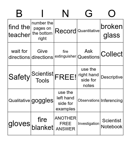 Journals and Safety Bingo Card