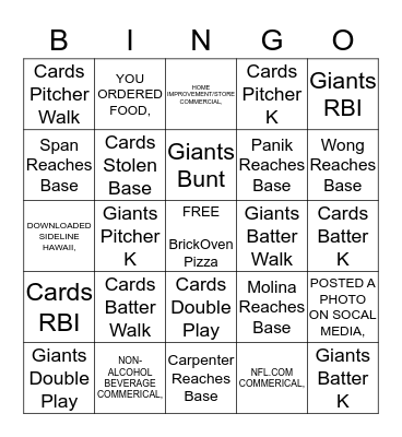 SF Giants Viewing Party Bingo Card