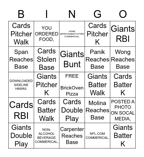 SF Giants Viewing Party Bingo Card