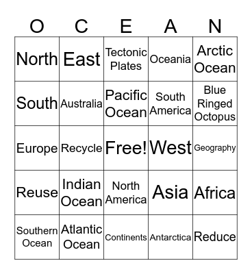 Continents and Oceans Bingo Card