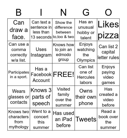 Communication Arts Bingo Card