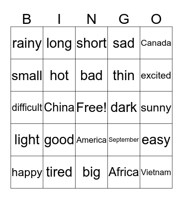 September 1, 2017 Bingo Card