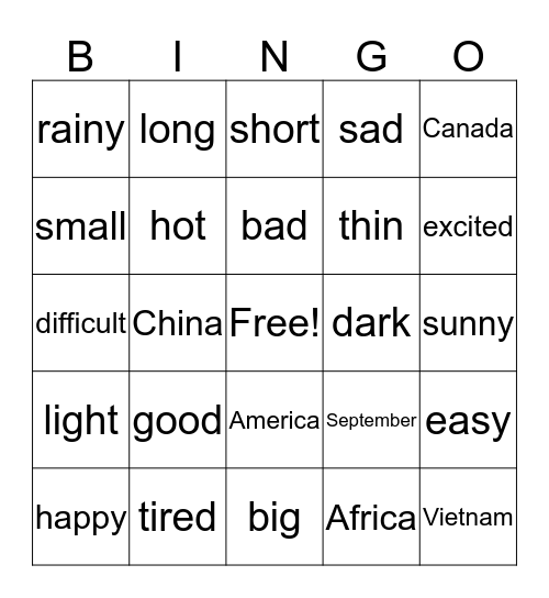 September 1, 2017 Bingo Card