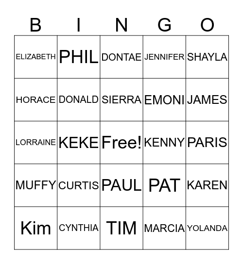 WILLIAMS FAMILY BINGO Card