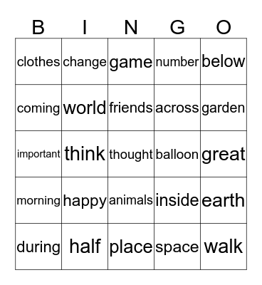 More Key Words Bingo Card