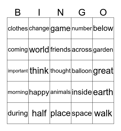 More Key Words Bingo Card