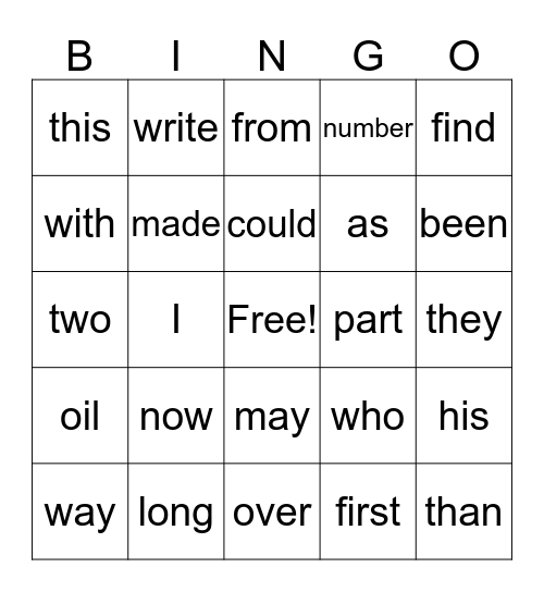 First Grade Sight Word Bingo Card