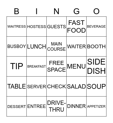 Restaurant Bingo Card