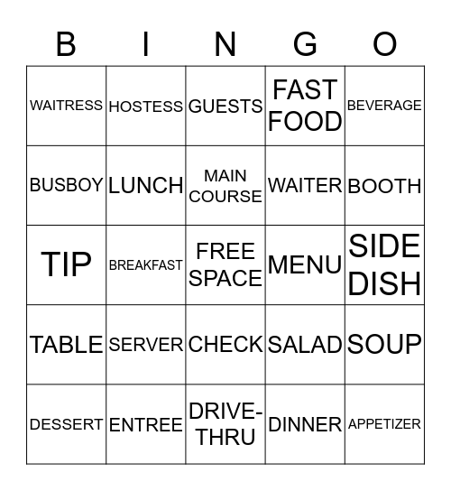 Restaurant Bingo Card