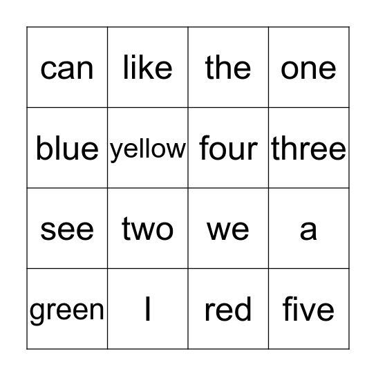 Sight Words Bingo Card