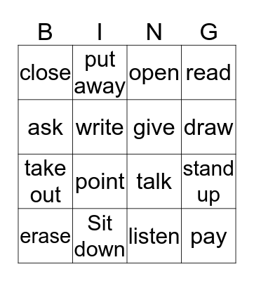 Classroom Verbs Bingo Card