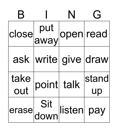 Classroom Verbs Bingo Card