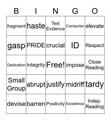 Vocabulary #1 Bingo Card