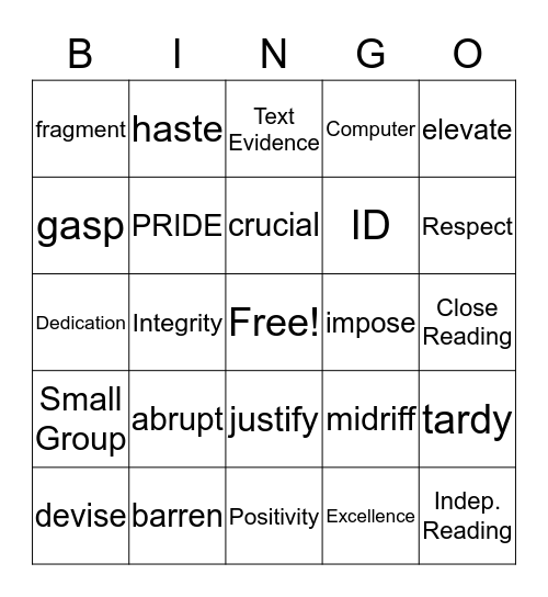 Vocabulary #1 Bingo Card