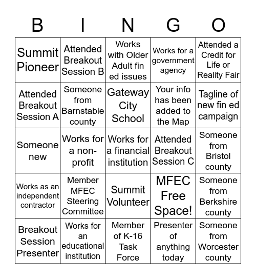 Summit Networking Bingo Card