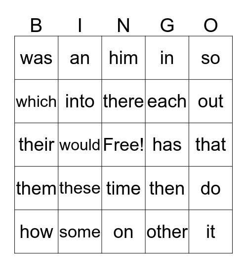 First Grade Sight Word Bingo Card