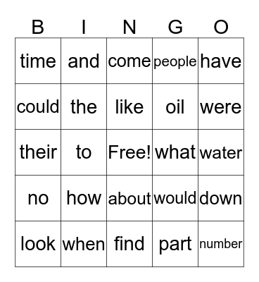 First Grade Sight Word Bingo Card
