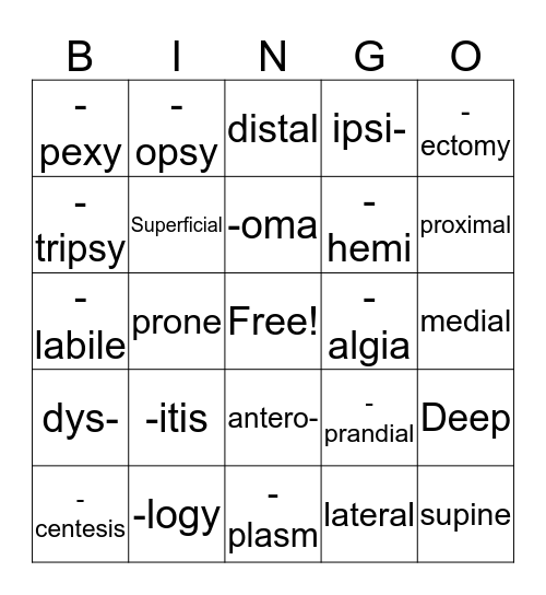 Medical Terminology Bingo Card