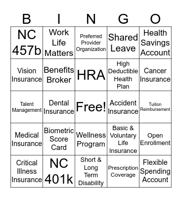 RDU Employee Benefits Fair Bingo Card