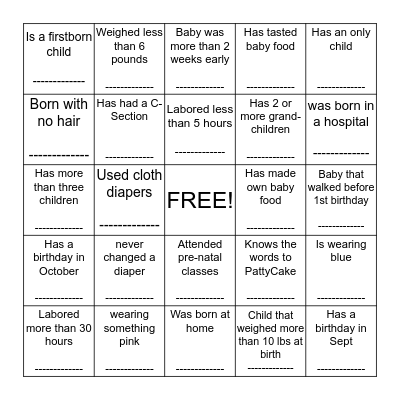 KIM AND JENNA BABY SHOWER Bingo Card