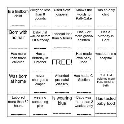 KIM AND JENNA BABY SHOWER Bingo Card