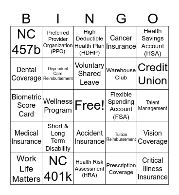 RDU Employee Benefits Fair Bingo Card