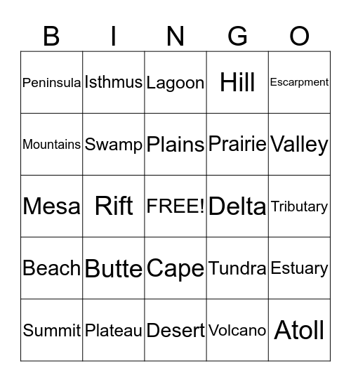 Geographic Landforms Bingo Card