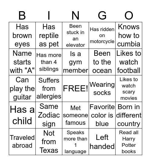 "Get To Know You" Bingo! Bingo Card