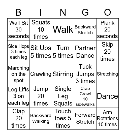 ACTION BINGO Card