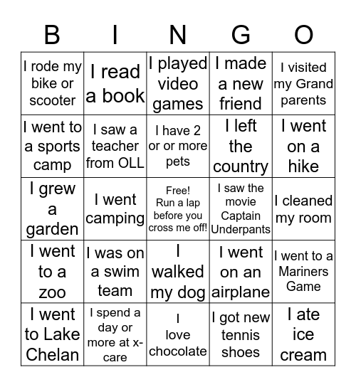 Exercise  Bingo Card