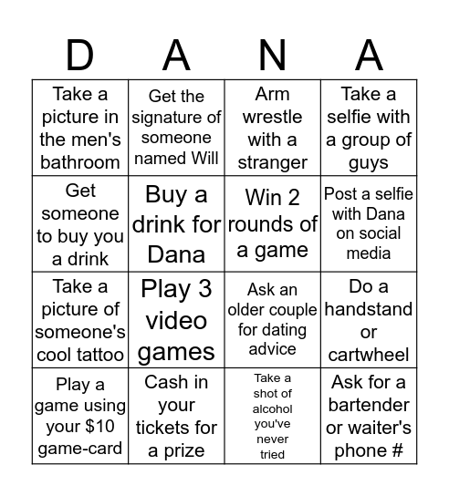 Bachelorette Bingo (4-in-a-row "DANA" wins) Bingo Card