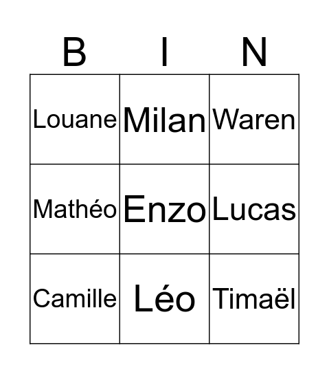 Prénoms Bingo Card