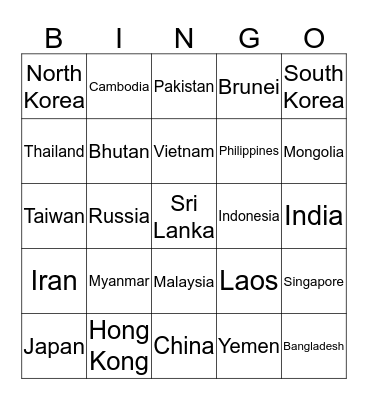 Countries in Asia Bingo Card