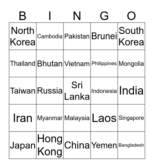 Countries in Asia Bingo Card