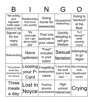 Grinnell First Year Bingo Card