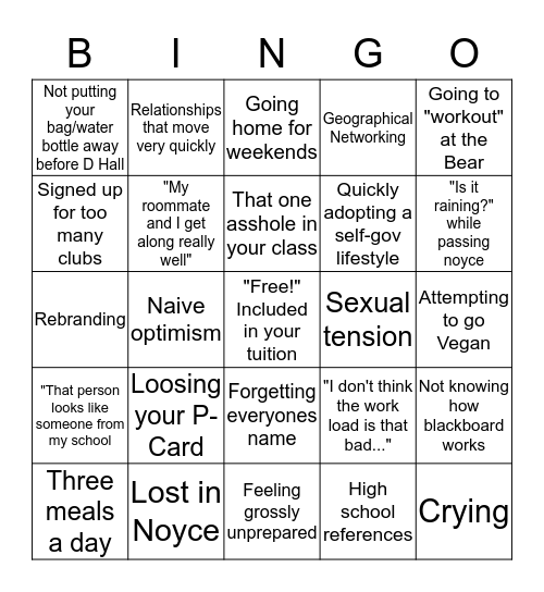 Grinnell First Year Bingo Card