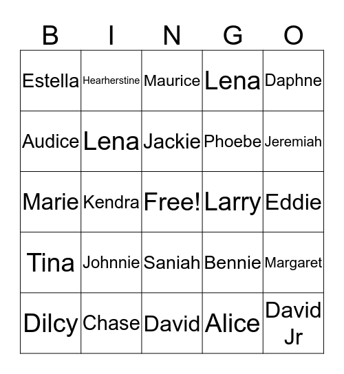 Mckinnie Wright Baker Family Bingo Card