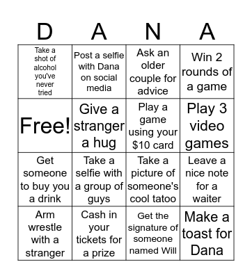 Dana's Bachelorette Party Bingo Card