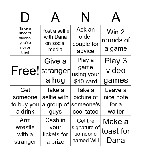 Dana's Bachelorette Party Bingo Card