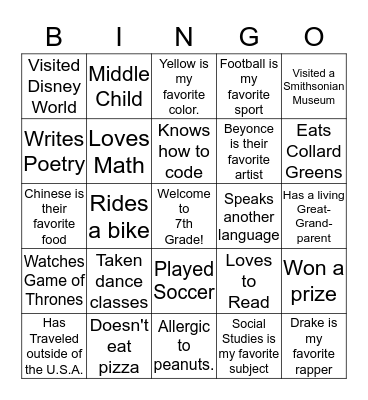 7th Grade People Search Bingo Card