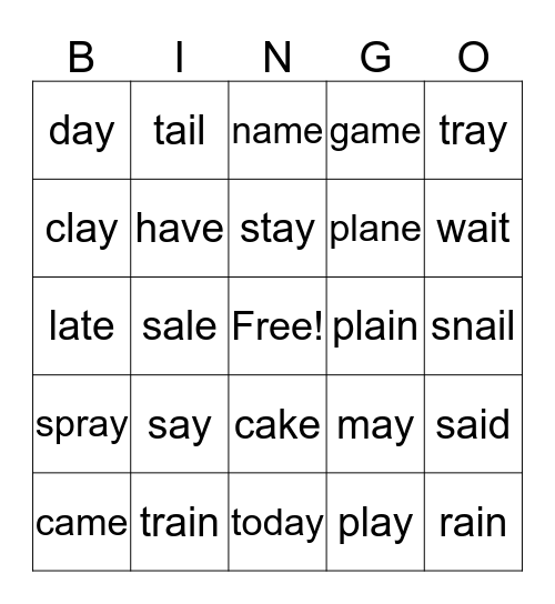 Ay, a_e and ai Bingo Card