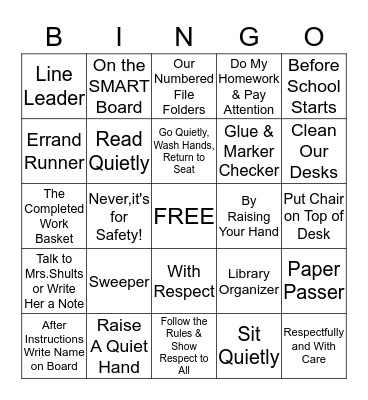 Mrs.Shults' Classroom Bingo Card