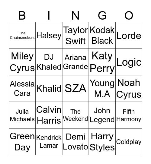 2017 VMA Nominees Bingo Card