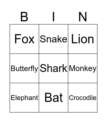 Animal Bingo Card