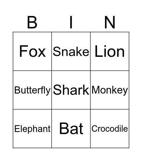 Animal Bingo Card