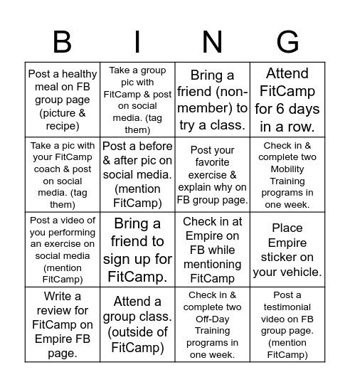 FitCamp Bingo Card