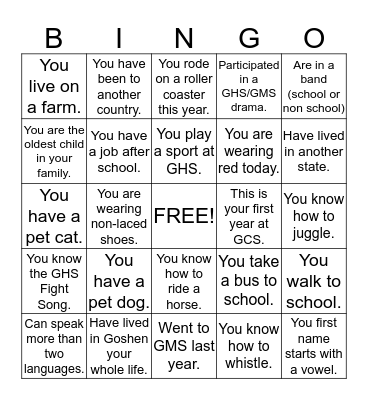 GHS Bingo Card