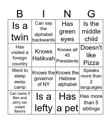 Getting to know you Bingo Card