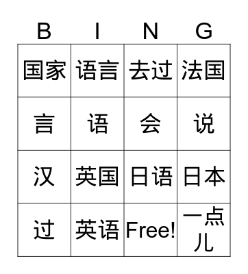 Country&Language Bingo Card